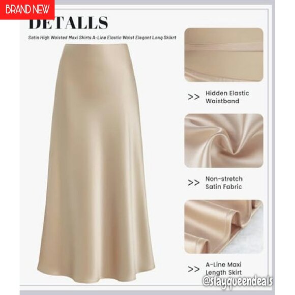 Satin High Waist Maxi Skirt Hidden Elastic A-Line Long Skirt - Picture 7 of 8